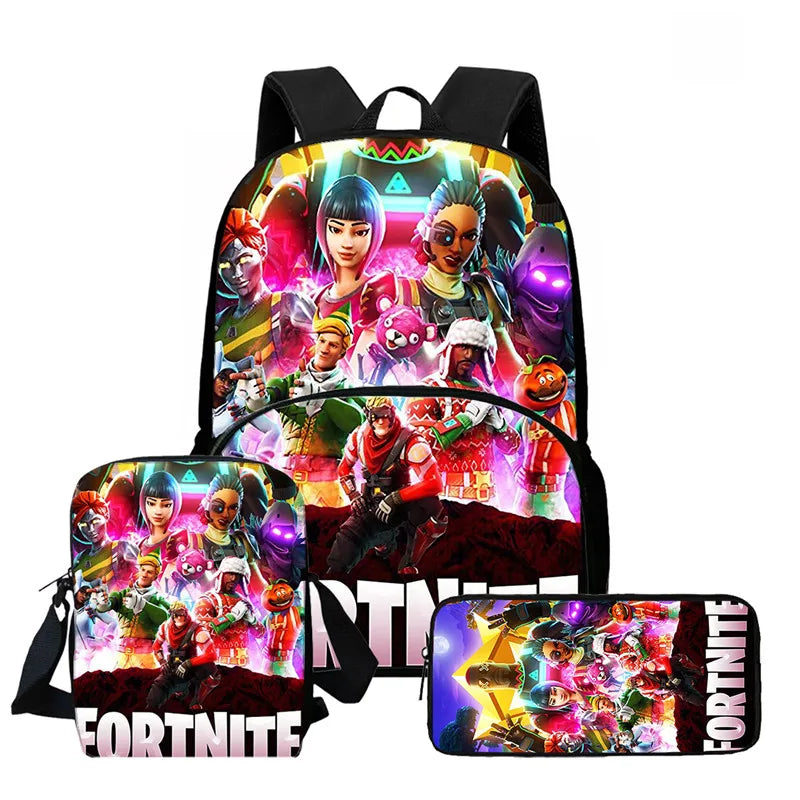 Fortnite Cartoon 3Pcs Backpack Set Unisex for Boys Girls, Backpack with Front Pocket, Crossbody Bag & Pencil Case, Best Gift