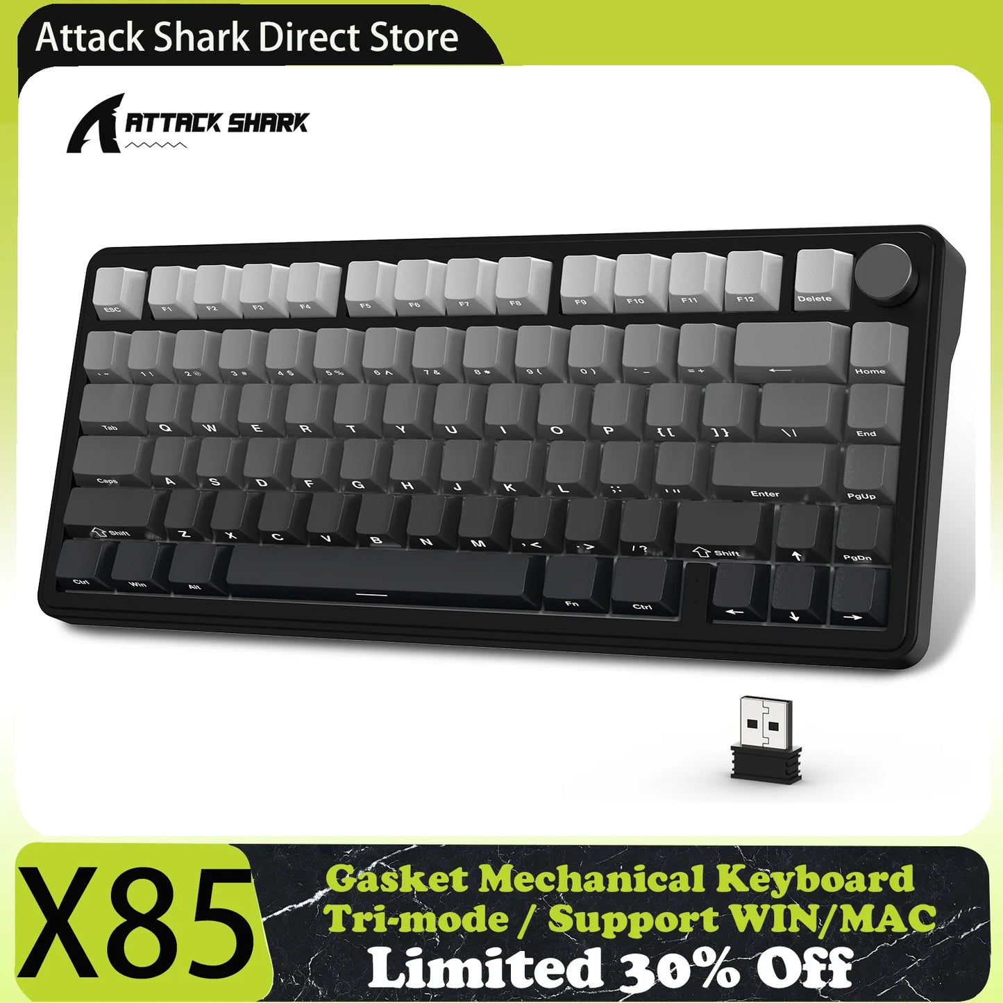 Teclado mecánico ATTACK SHARK X85 trimodo Gasket 75% con perilla CNC, acolchado de 5 capas, hot-swap, retroiluminación RGB y NKRO