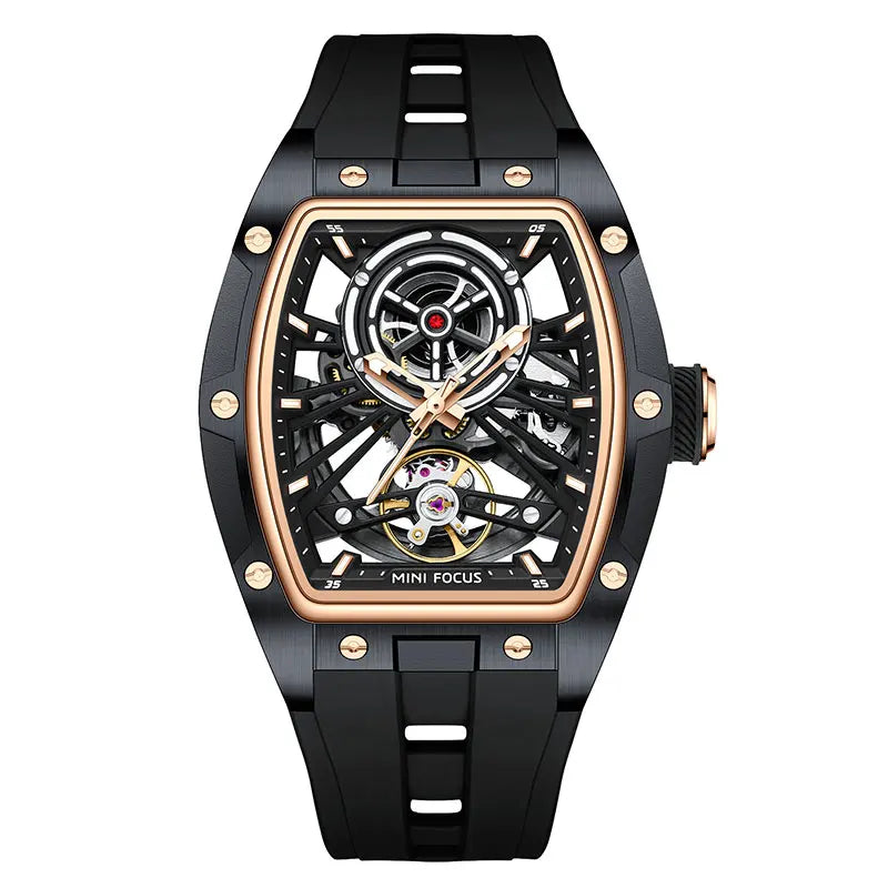 MINI FOCUS Men's Wristwatch Fashion Black Waterproof Automatic Mechanical Watch with Luminous Hands Silicone Strap Tonneau Dial