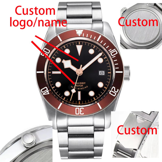 41MM Custom Name NH35A / Miyota 8215 Personalized Men's Automatic Watch Black Dial · Sapphire Crystal · 20ATM · Name & Logo E