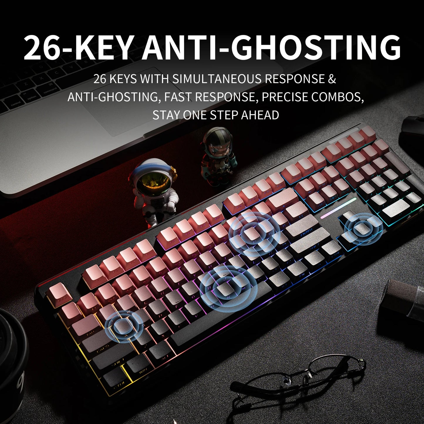 Tastiera Bluetooth V108 Pro Office a bassa rumorosità 2.4G cablata e wireless, layout completo con membrana retroilluminata RGB