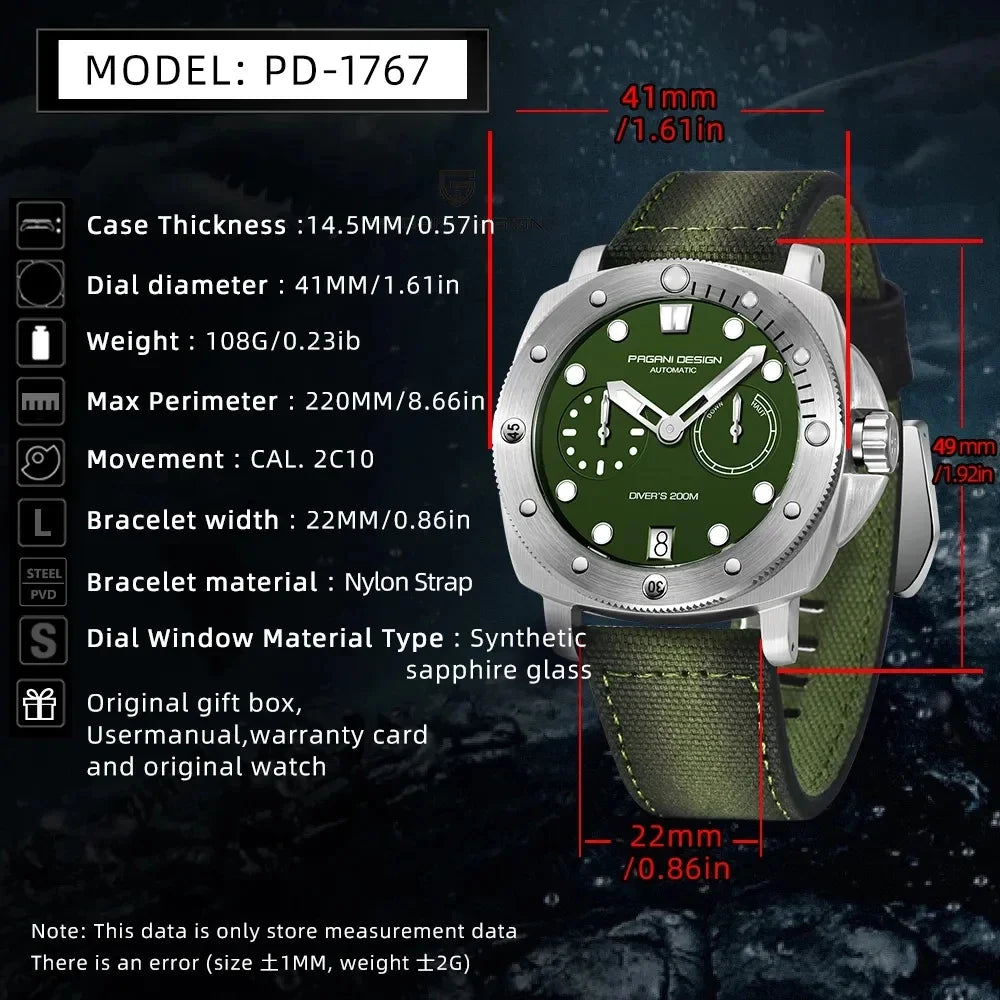 PAGANI DESIGN Men Mechanical Watch Luxury Sapphire Glass Luminous Automatic Watch 200M Waterproof Stainless Steel Watch For Men