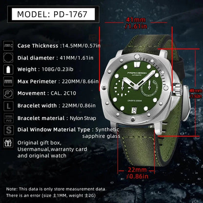 PAGANI DESIGN Men Mechanical Watch Luxury Sapphire Glass Luminous Automatic Watch 200M Waterproof Stainless Steel Watch For Men