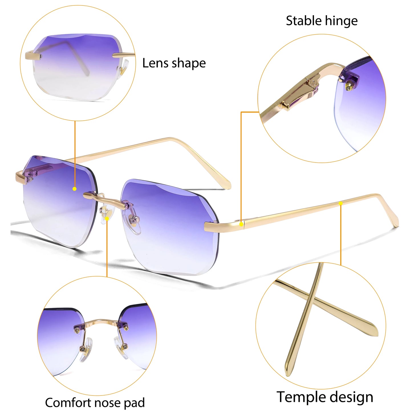 CATERSIDE Fashion Frameless Men's Sunglasses with Design Sense Lenses Metal Temple Sunglasses Women's Party Travel Sunglasses