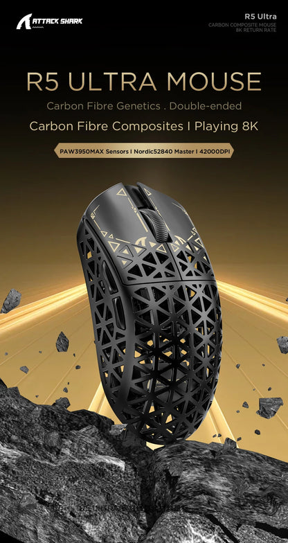 Rato Gaming Sem Fios ATTACK SHARK R5 Ultra em Fibra de Carbono, Sensor Gaming PixArt PAW3950MAX, 42000DPI, 8000Hz, MCU Nordic 52840
