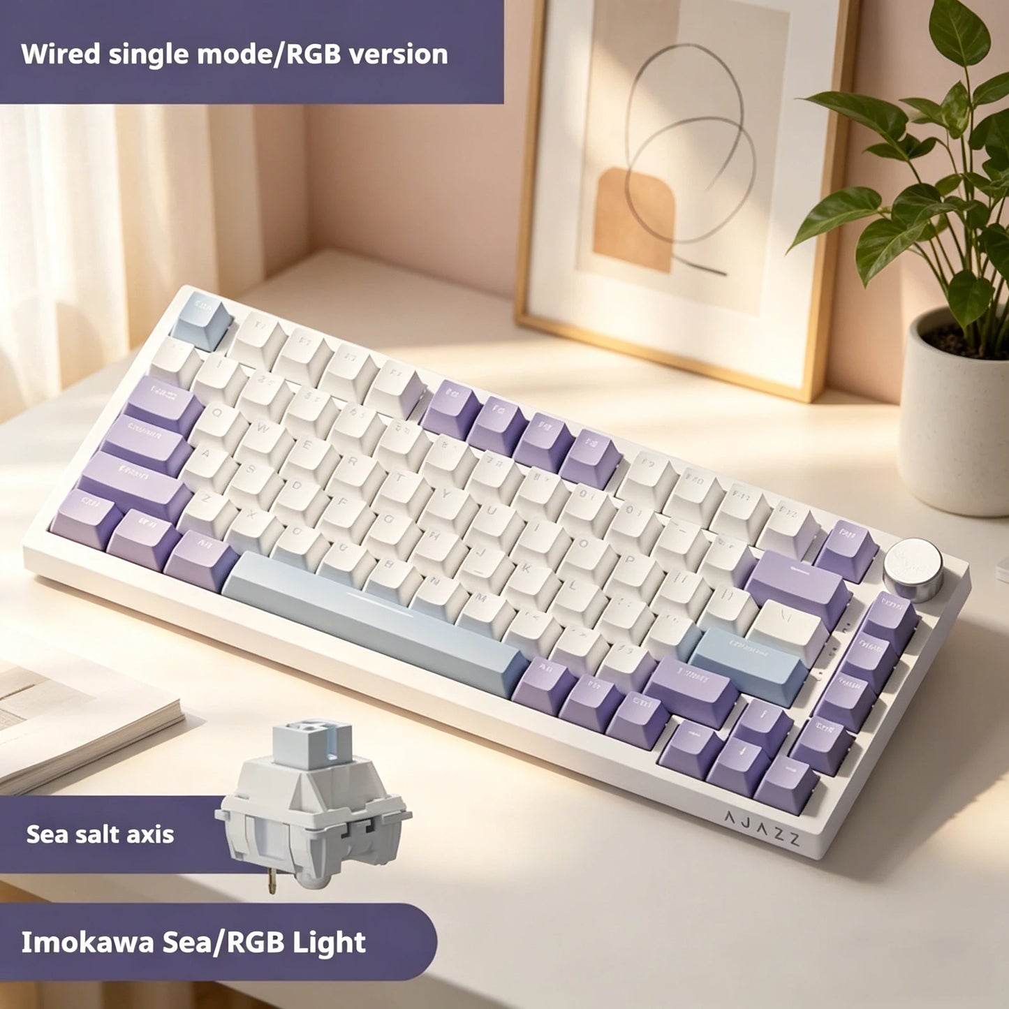AJAZZ AK820 75% Wired Mechanical Keyboard: Hot‑Swappable, RGB/White/Ice‑Blue Backlit, Volume Knob Control | For Office & Gaming