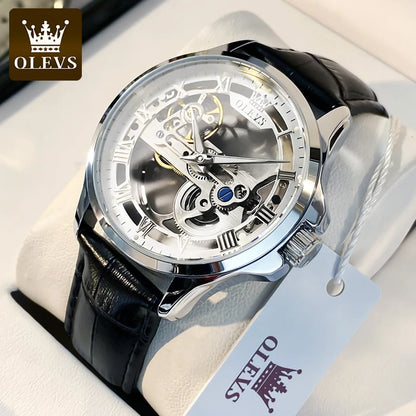 Montre mécanique automatique pour homme OLEVS 6661 – Modèle squelette entièrement transparent avec volant apparent, bracelet en cuir, montre de luxe originale pour homme