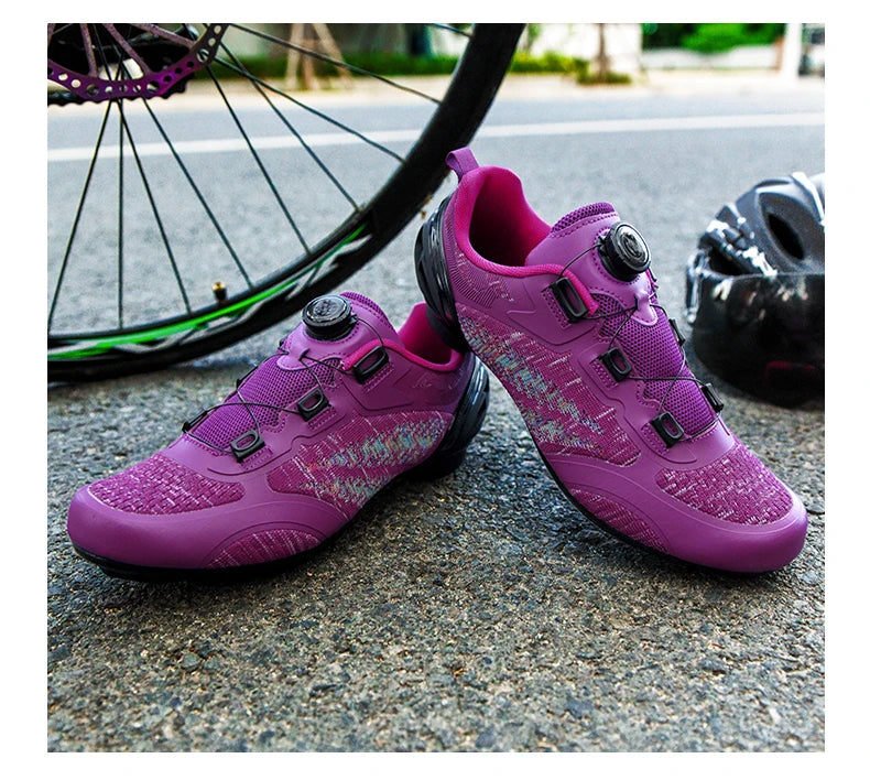 Sapatos de ciclismo MTB para homem e mulher T03 roxos respiráveis, de velocidade, autoblocantes, para ciclismo de estrada, corrida ao ar livre e treino