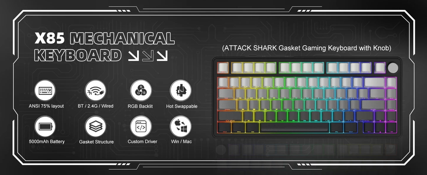 Teclado mecánico ATTACK SHARK X85 trimodo Gasket 75% con perilla CNC, acolchado de 5 capas, hot-swap, retroiluminación RGB y NKRO