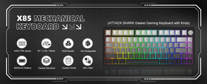 Teclado mecánico ATTACK SHARK X85 trimodo Gasket 75% con perilla CNC, acolchado de 5 capas, hot-swap, retroiluminación RGB y NKRO
