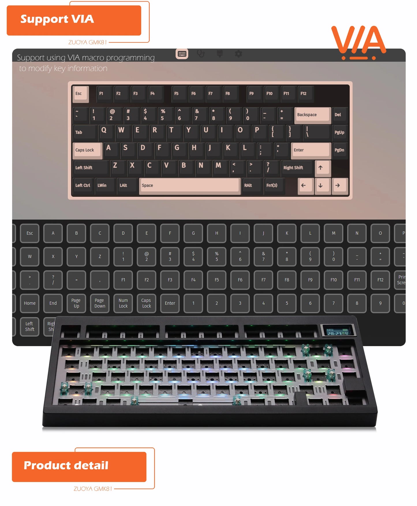 Kit de teclado mecánico ZUOYA GMK81 hot-swappable Bluetooth 2.4G inalámbrico con retroiluminación RGB, estructura gasket y soporte para