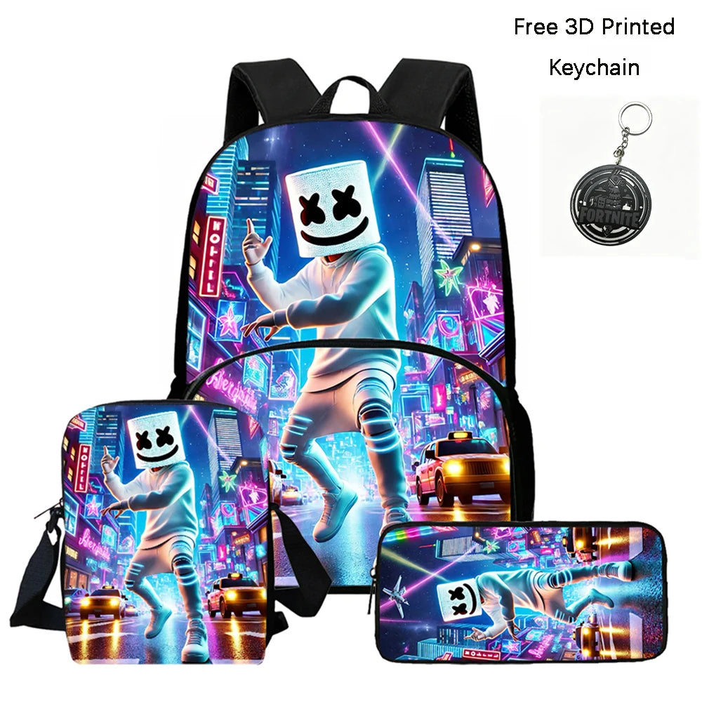 FORTNITE 3-Piece School Backpack Set with Front Pocket Bag, Crossbody Bag, and Pencil Case for Ages 5-10 Boys and Girls, Lightweight, Includes Free 3D Printed Keychain