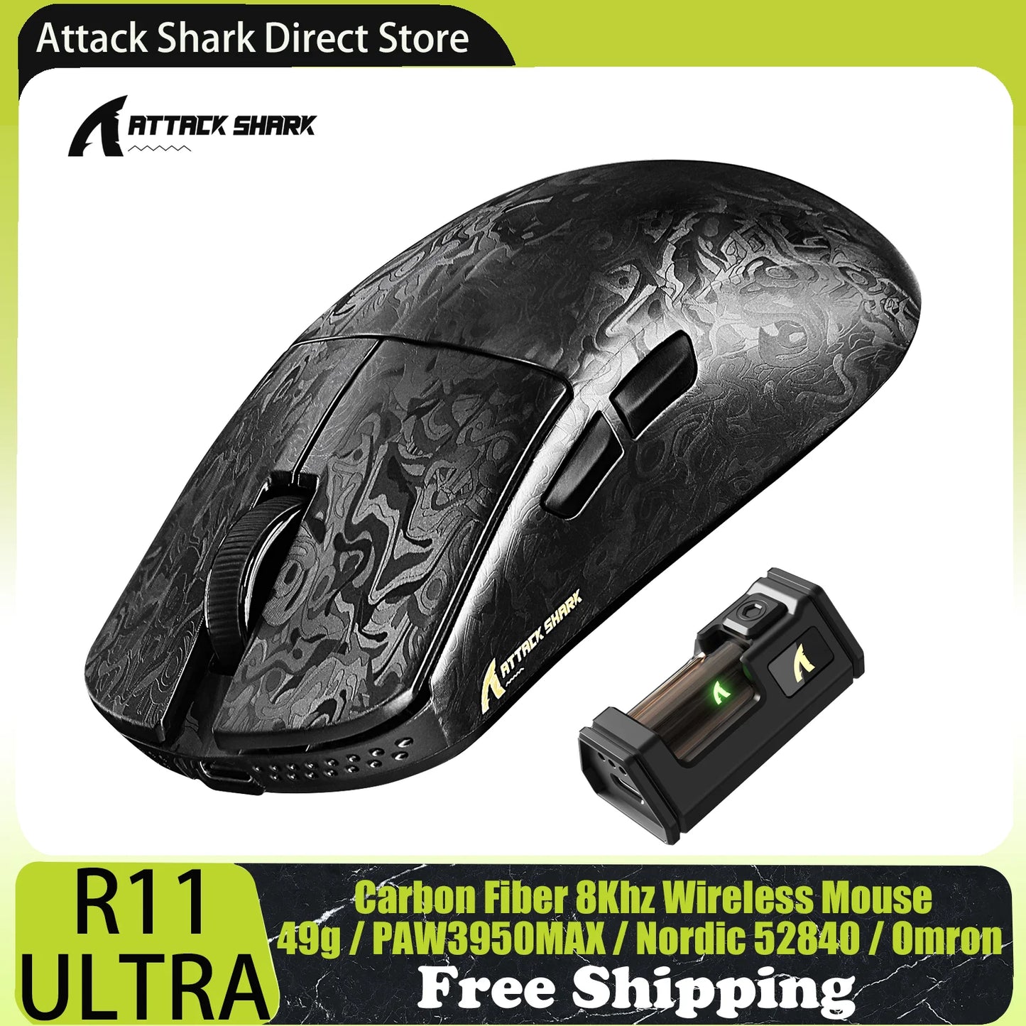 Rato Gaming Sem Fios ATTACK SHARK R11 ULTRA em Fibra de Carbono, 8000Hz, PAW3950MAX, 42000DPI, Leve 49g, 20000FPS, Nordic 52840