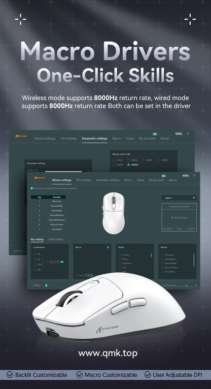 Mouse gaming wireless ATTACK SHARK X3/X3PRO 4K/8K, 26K DPI, tri-mode (cablato/2.4GHz/BT5.2), leggero, sensore PAW3395 per gamer