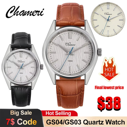 Chameri GS04 Quartz Watch VH31 Sweep Movement Business Watch Sapphire Crystal 100m Waterproof 316L Stainless Steel Vintage Watch