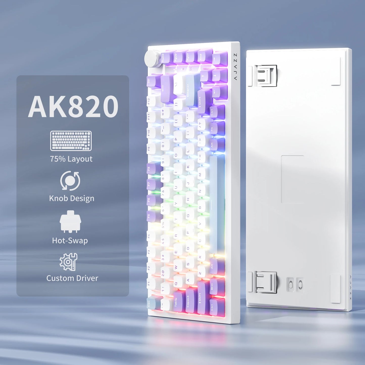 AJAZZ AK820 75% Wired Mechanical Keyboard: Hot‑Swappable, RGB/White/Ice‑Blue Backlit, Volume Knob Control | For Office & Gaming