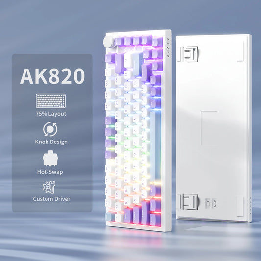 Teclado Mecânico com Fio AJAZZ AK820 75%: Hot-Swappable, Retroiluminação RGB/Branca/Azul-Gelo, Controlo por Botão de Volume | Para Escritório e Gaming