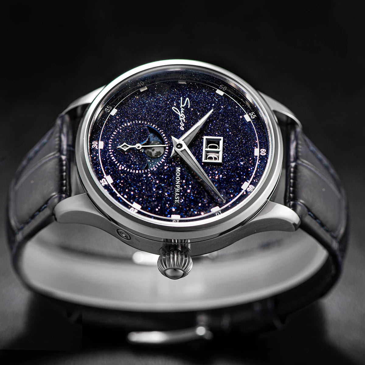 Sugess Moonphase Watch of Men 40mm Automatic Mechanical Wristwatches Origin ST2528 Movement Stainless Steel Blue Sandstone Dials