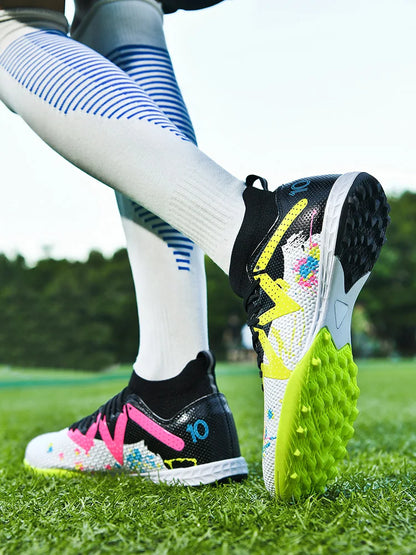 Professional Soccer Shoes TF Broken Nail Teenagers Durable Looking High Tops Training Shoes Adult Outdoors Non-Slip Football Shoes