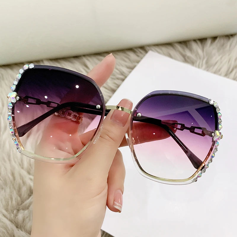 Rhinestone Decor Rimless Fashion Sunglasses For Women Men Casual Gradient Glasses For Summer Beach Party UV400