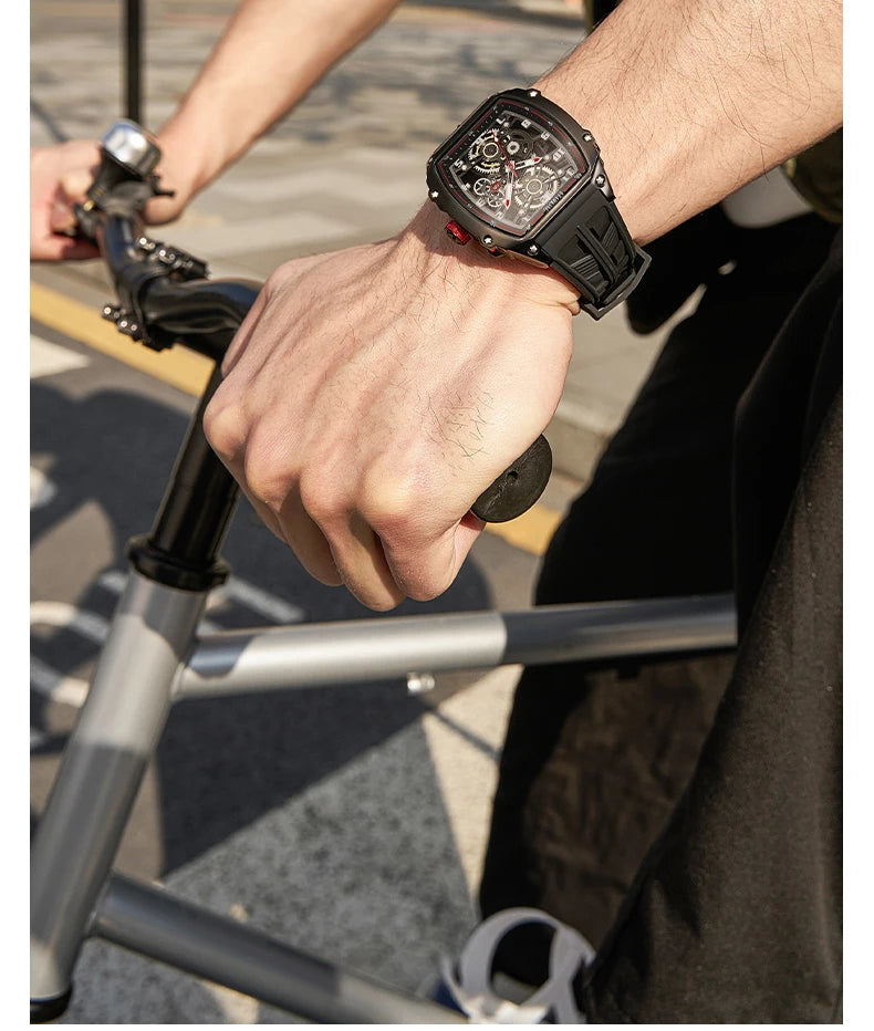 STARKING Luxury Men’s Automatic Mechanical Watch Skeleton Dial Silicone Band Tonneau Design Waterproof Luminous Sport Wristwatch