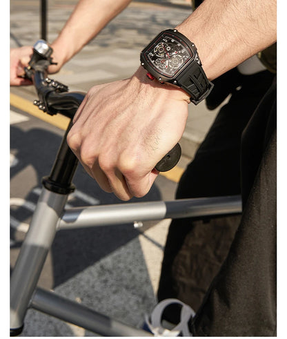 STARKING Luxury Men’s Automatic Mechanical Watch Skeleton Dial Silicone Band Tonneau Design Waterproof Luminous Sport Wristwatch