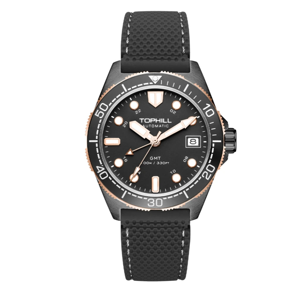 Tophill 39.5mm Automatic NH34 GMT Watch Swim 3H Date Window Mechanical C3 Green Lume 100M Waterproof Sapphire Crystal TD011G