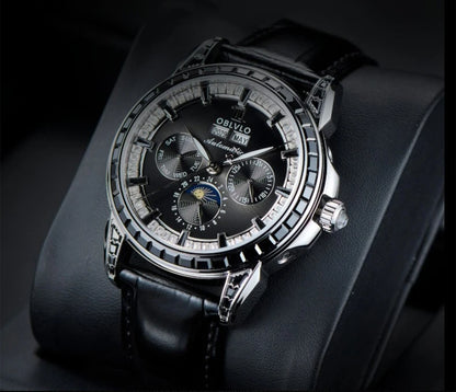 OBLVLO Men Automatic Watch 40mm Mechanical Wristwatch 5ATM Luminous Crystal Bezel Year,Month,Week,Date,24 Hours TY1655 Mov.