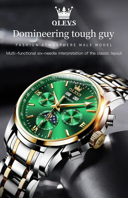 OLEVS 6633 Luxury Men's Watches Automatic Green Watch Men Stainless Steel Waterproof Business Sport Mechanical Wristwatch 6633