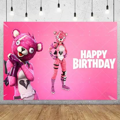 Fundo decorativo de aniversário com tema Fortnite — banner gamer Fortnite para meninos e meninas, pano de fundo para fotografia e presente para crianças