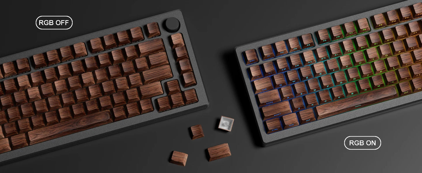Grano de madera, tecla translúcida de cerezo con grabado lateral en PBT, 126 teclas, personalizada para teclado mecánico 60/84/98/108