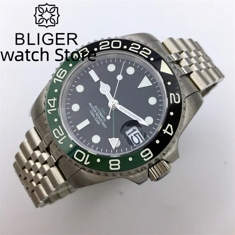 BLIGER 40mm NH34 GMT Watch For Men Mechanical Wristwatch Luminous Bezel Sapphire Glass Stainless Steel Bracelet Men's Watch