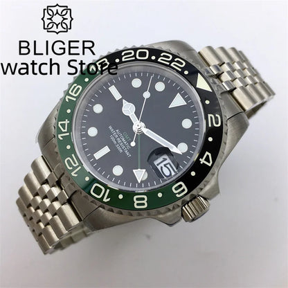 BLIGER 40mm NH34 GMT Watch For Men Mechanical Wristwatch Luminous Bezel Sapphire Glass Stainless Steel Bracelet Men's Watch