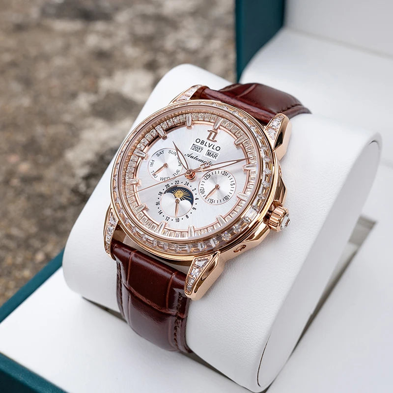 OBLVLO Men Automatic Watch 40mm Mechanical Wristwatch 5ATM Luminous Crystal Bezel Year,Month,Week,Date,24 Hours TY1655 Mov.