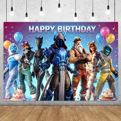 Fundo decorativo de aniversário com tema Fortnite — banner gamer Fortnite para meninos e meninas, pano de fundo para fotografia e presente para crianças