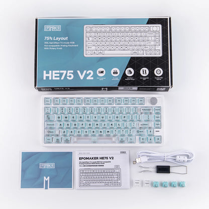 Teclado gaming EPOMAKER HE75 V2 75% ANSI US Layout inalámbrico trimodo con efecto Hall, activación ajustable de 0.005mm y activación rápida