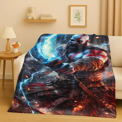 3D Kratos God of War Games Cartoon Gamer Flannel Blanket,Ultra Soft Warm Plush Throw for Home Bedroom Bed Sofa Cover Picnic Kids