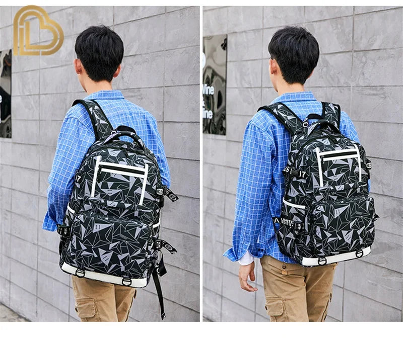 Mochila Red Jade F-Fortnited Battle Royale com carregamento USB, figuras anime e compartimento para material escolar para estudantes