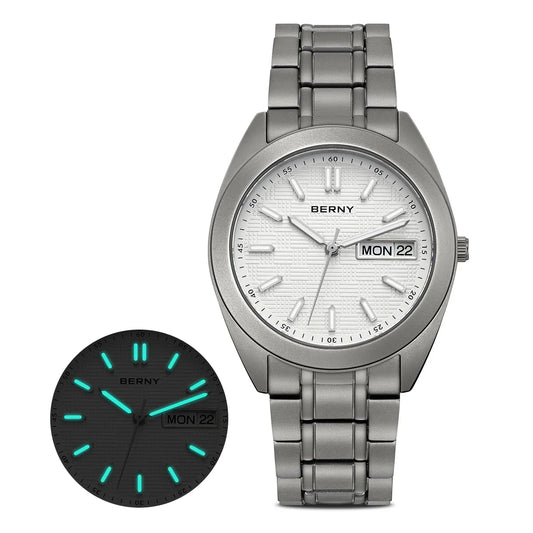 BERNY Full Titanium Men Watch Date Week Quartz Watches Calendar Sapphire Super Luminous 100M Waterproof Lightweight Wristwatch