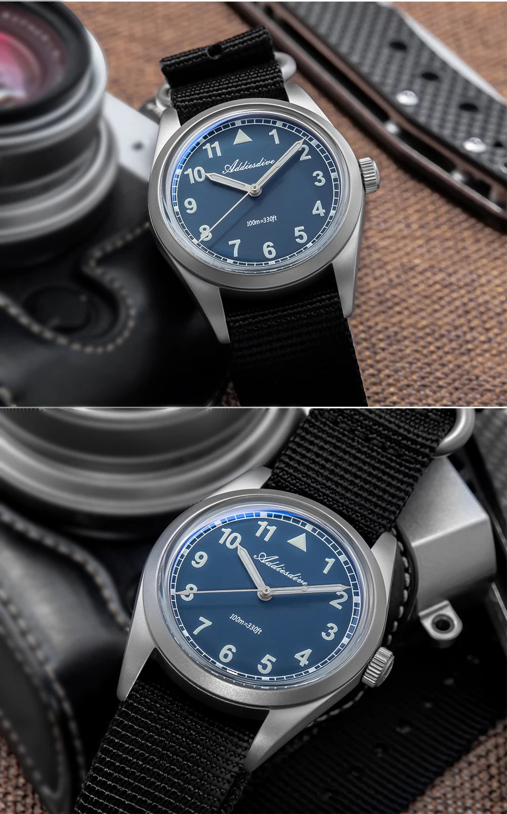 ADDIESDIVE 36mm Men's Analog Watch Bubble Mirror Glass 100m Waterproof Luminous Watch Simple men Quartz Watches with Nylon Strap