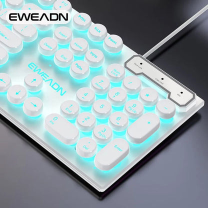 EWEADN GX330 Typewriter Gaming Keyboard, 104 Keys Wired Round Keycaps with Blue Backlit USB Wired Computer External Keyboards
