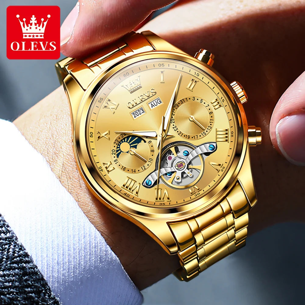OLEVS 7005 Classic Business Mechanical Wristwatch for Man Skeleton Flywheel 24 Hour Moon Phase  Calendar Luxury Men's Watch