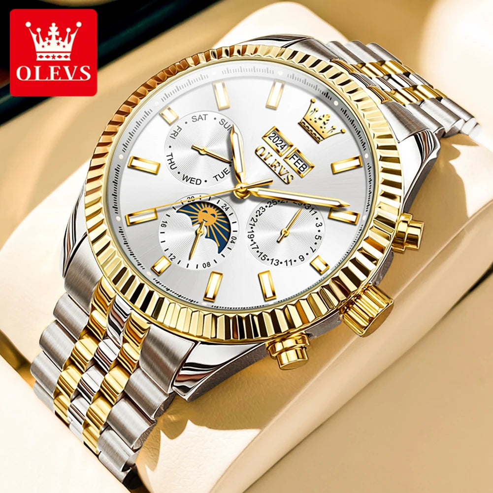 OLEVS 6688 Fashion Automatic Mechanical Men's Watch Moon Phase Dual Calendar Waterproof Luminous Luxury Business Watch for Man