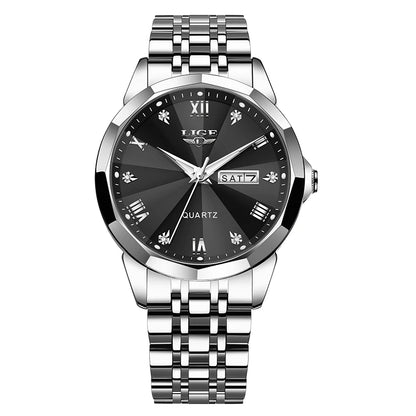 Montre-bracelet à quartz pour femme LIGE – Élégante et luxueuse, affichant la date et le jour de la semaine – Montre simple et étanche, idéale comme cadeau pour femme