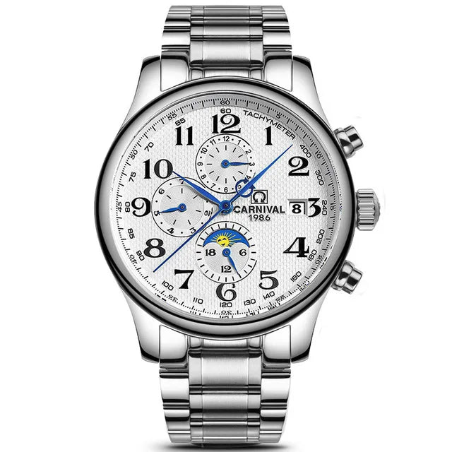 Carnival Brand Automatic Watch, Fashion Luxury Waterproof Calendar with Moon Phase, Mechanical Watches for Men