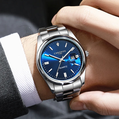 Ceas de mână pentru bărbați CHRONOS – Marcă de lux, rezistent la apă, luminat, cu afișaj al datei, din oțel inoxidabil, cu mecanism cu cuarț.