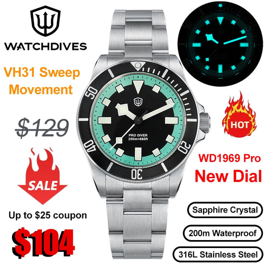 Watchdives WD1969 Pro Quartz Watches New Dial VH31 Sweep Seconds Movement 200m Waterproof Men Watches Luminous Luxury Watches