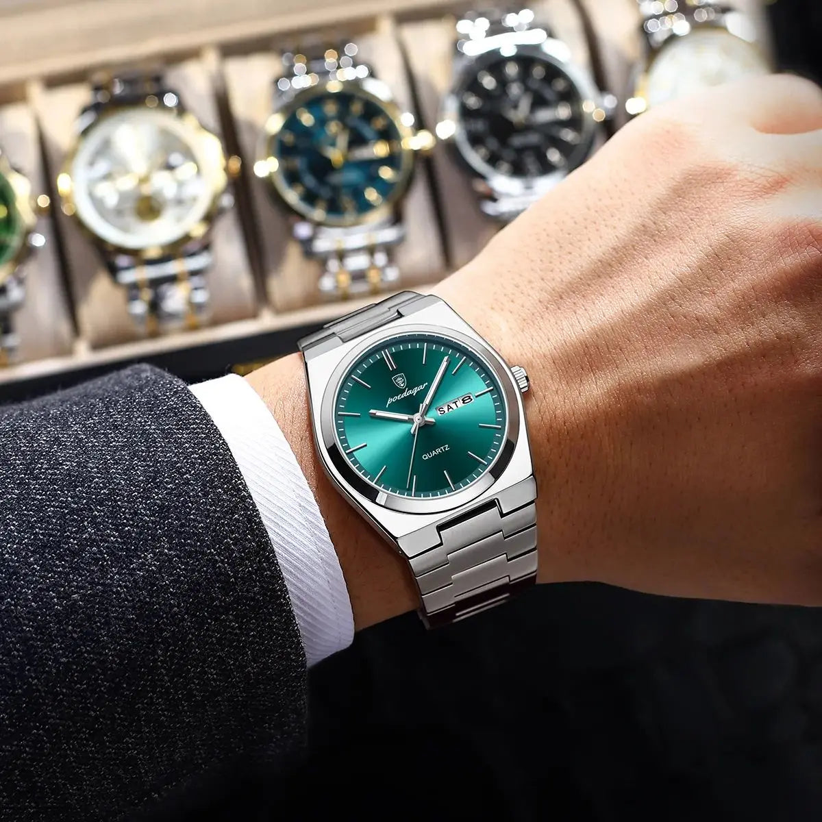 POEDAGAR Luxury Men's Watches Waterproof Luminous Date Week Men Watch Stainless Steel Casual Fashion Quartz Man Wristwatch Reloj