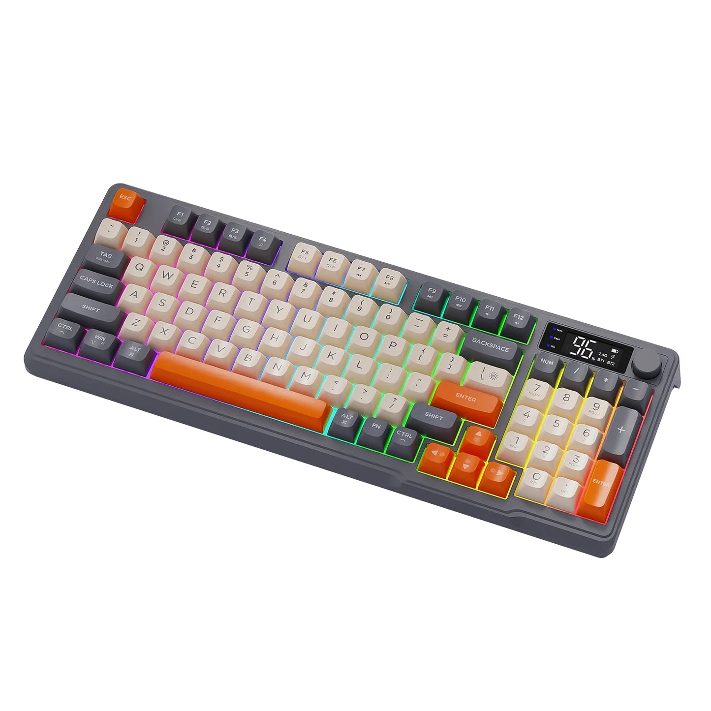 M96 Bluetooth Wireless Keyboard FREEWOLF Digital Display, RGB Backlight, 2000mAh Battery & PBT Keycaps for PC/Laptop