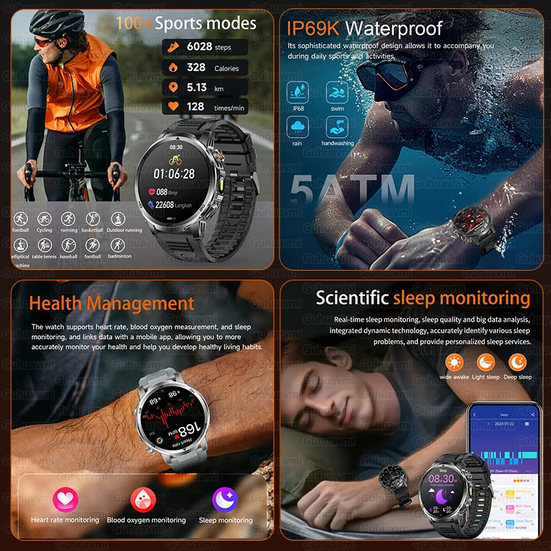 2026 New Military Outdoor Smart Watch 1.85‘’ AMOLED 1000mAh Large Battery 5ATM Waterproof Voice Call Sports Men Fitness Bracel